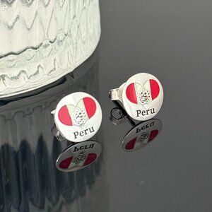 Peru Heart Flag Earrings S925 Sterling Silver Handmade Ear Stud